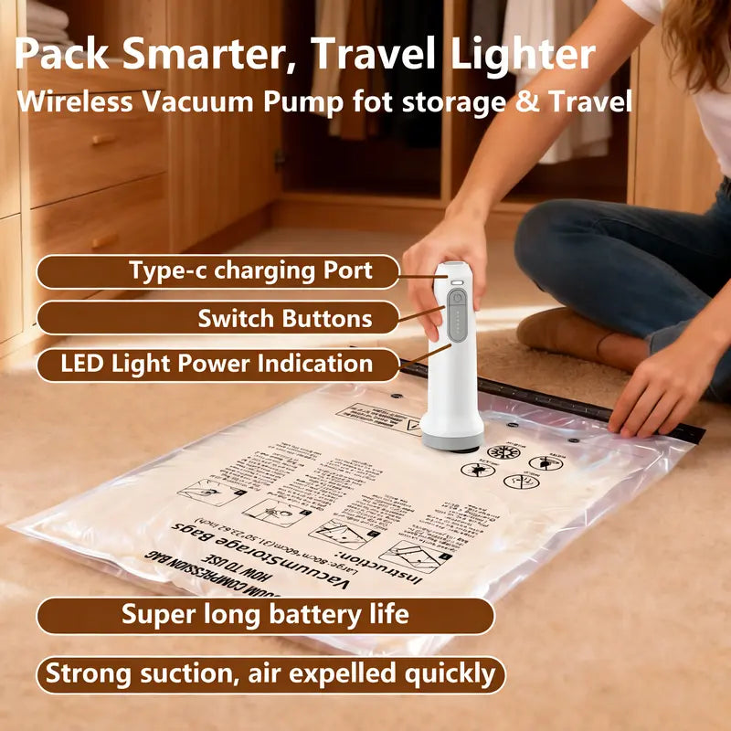 Cordless Travel Vacuum Storage Bag Set with Rechargeable Pump