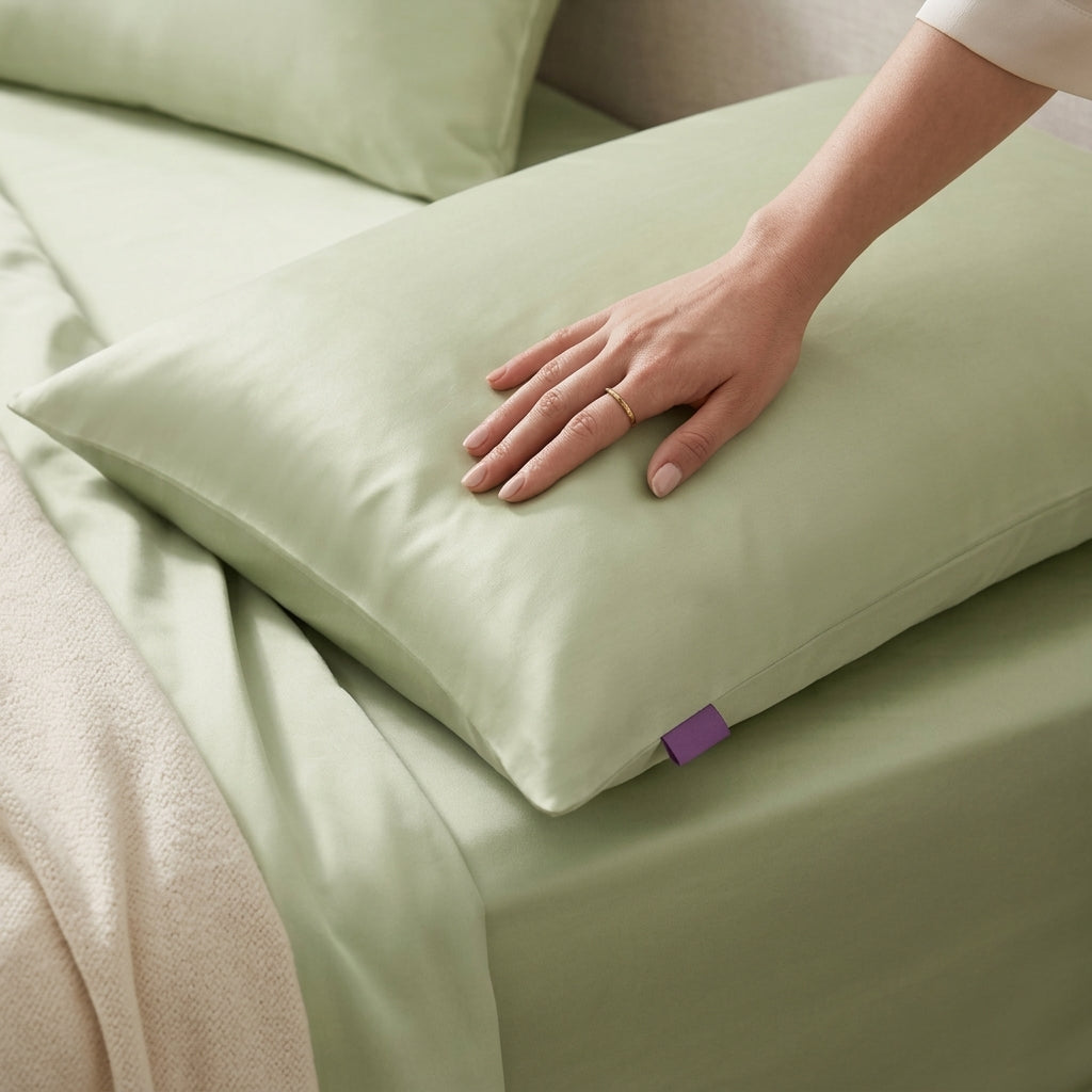 Soft Sage Green Satin Pillowcase with Draped Accent and Gift Box